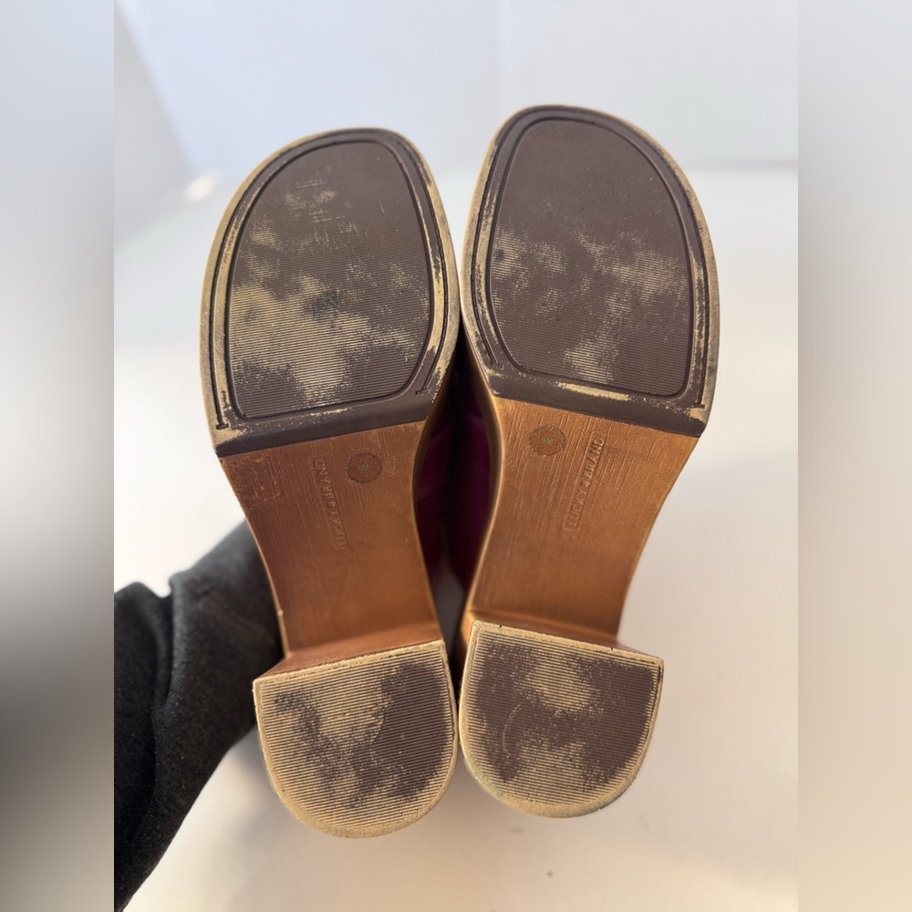 Lucky Brand Aleah Peace Sign Leather Wooden Chunky Platform Clog Mule Shoes 9 - Picture 9 of 12